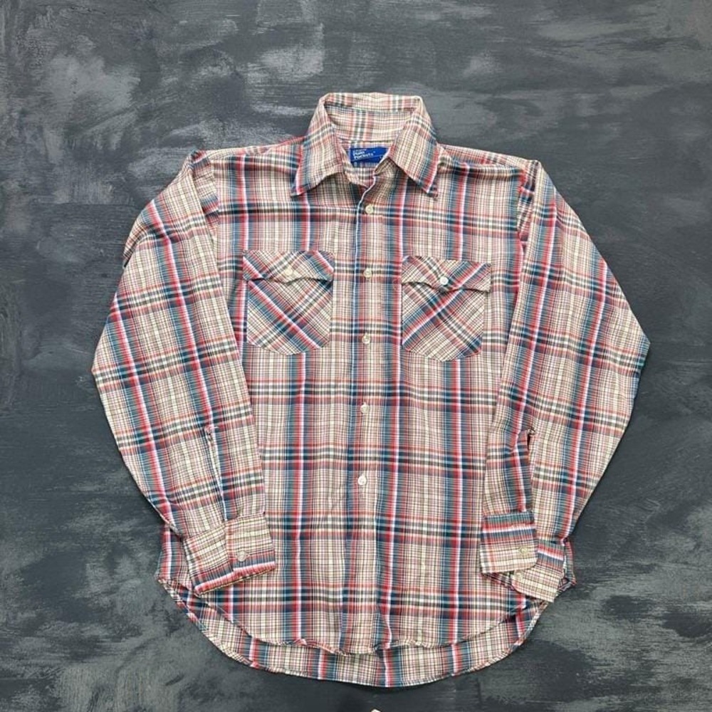 Vintage JC Penny Plaid Button Up Shirt Mens Large 1970s Plain Pockets USA